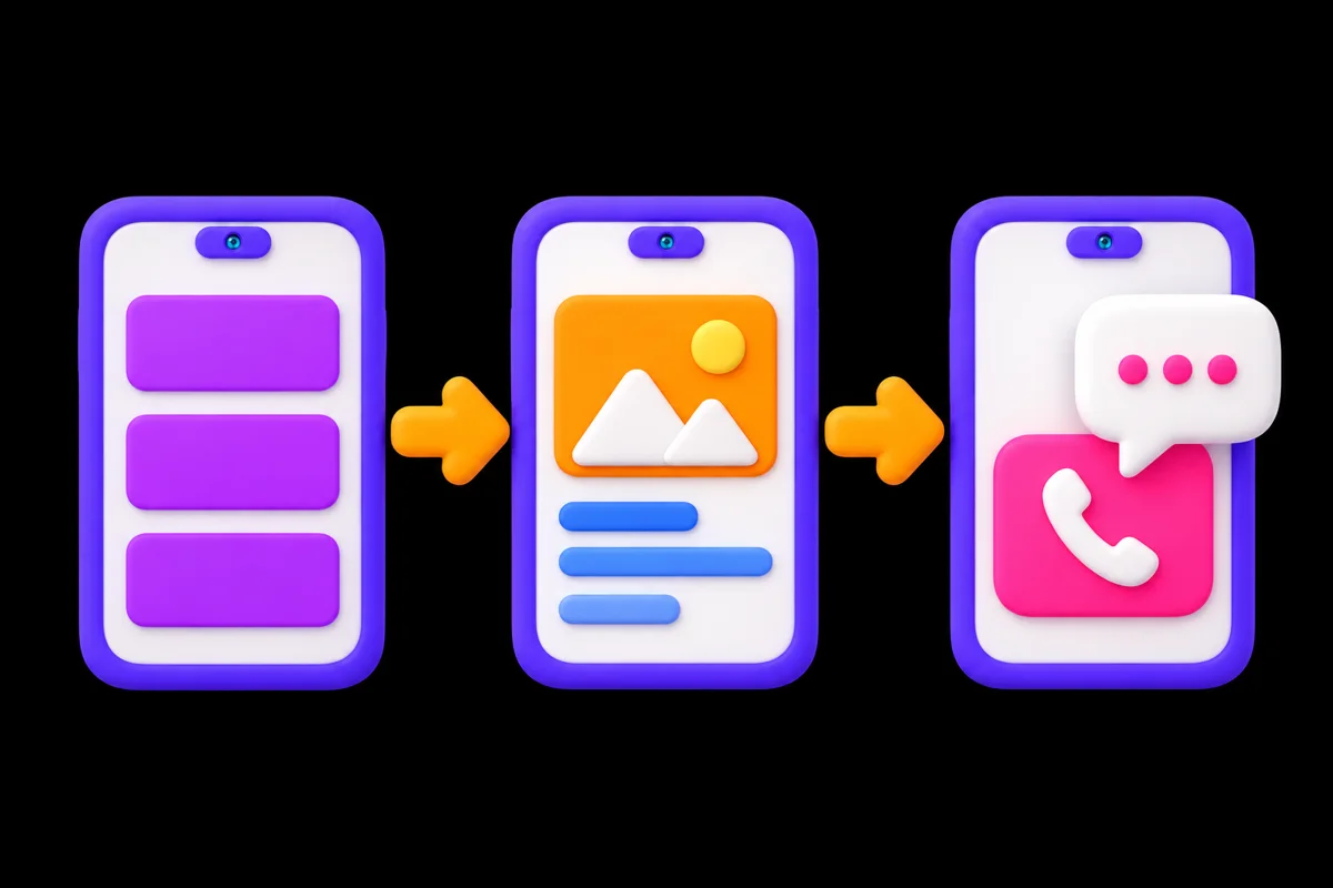 Trois écrans mobiles illustrent une progression de la présentation du service vers la prise de contact