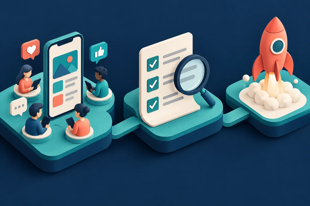 Les étapes de test, de contrôle et de lancement représentées sur trois plateformes
